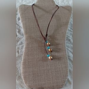 Handmade 2-Way Lt. Blue & Gold Pearl & Brown Leather Necklace